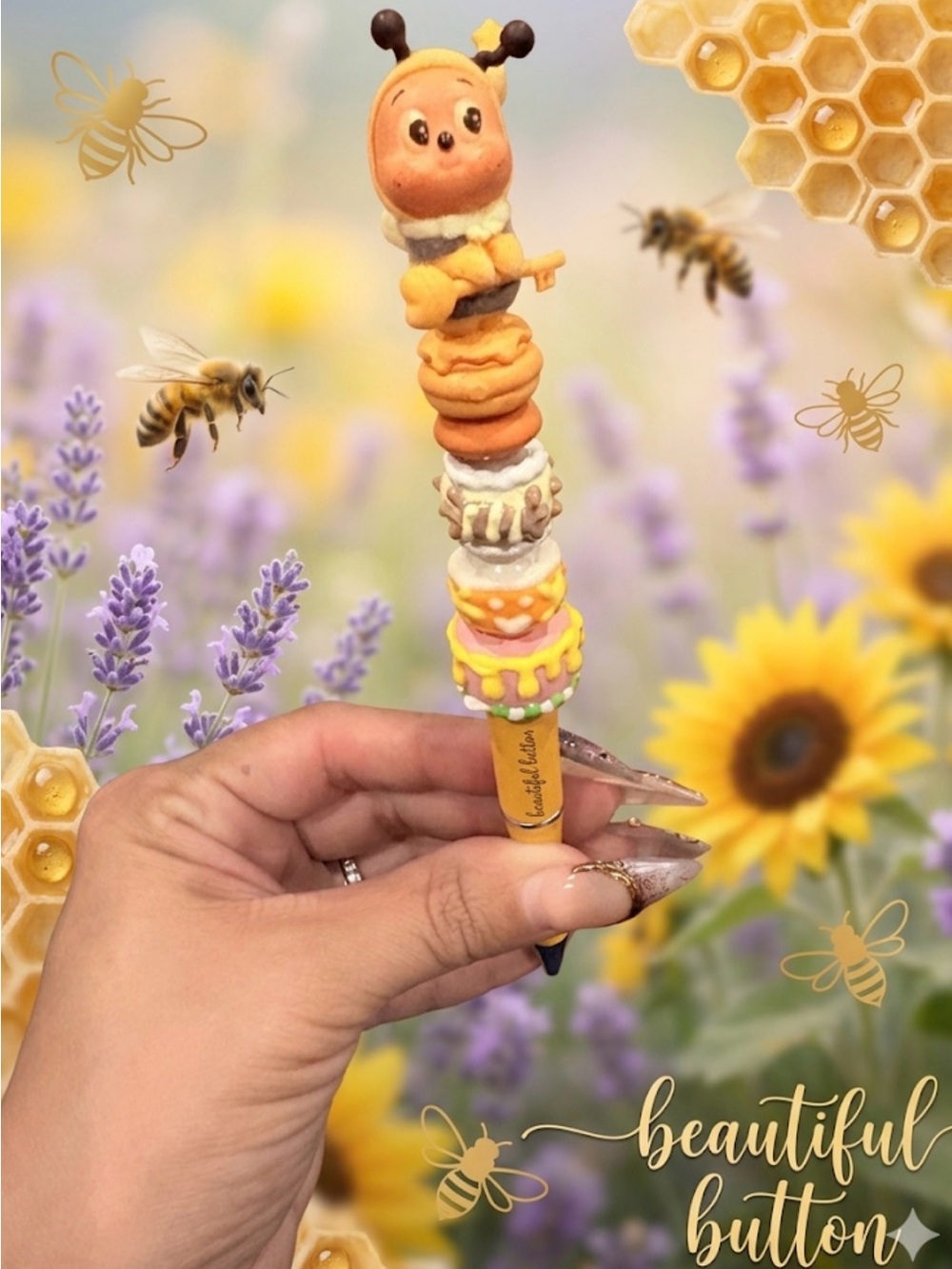 Custom pen 
Handmade Bee Stack Pen - Yellow & Orange Cute Bee Topper